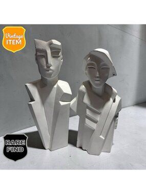 Vintage Art Deco Cubist Couple Man & Woman White Sculptures by Karin Swilden.